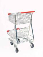 Chariot de courses à double étage en acier avec structure en maille pour supermarché intérieur