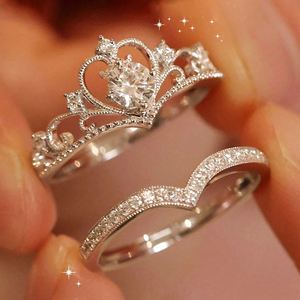 Platinum Plated Luxury Crown Zircon Stacked <b>Ring</b> 2pcs/set for Women Mirco Pave Sparkling Bling Zirconium <b>Diamond</b> <b>Ring</b> for Women - Product Image 1