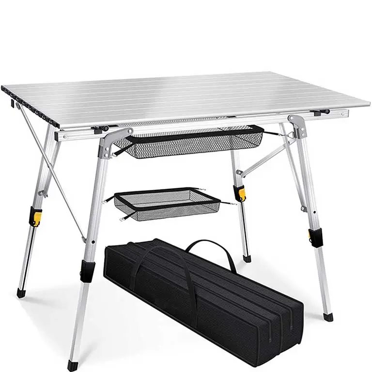 Mesa de tela ligera portátil para senderismo de la mejor calidad, mesa de picnic plegable para acampar con marco de aluminio/