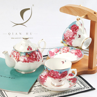 QIAN HU classique rétro européen porcelaine théière tasse ensemble Logo personnalisable 5 pièces café et thé verres européen os chine