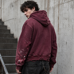 Fabricant de sweats à capuche personnalisés pour hommes, couleur bordeaux, effet délavé, ourlet brut, <span class=keywords><strong>patchwork</strong></span>, streetwear, sweat à capuche zippé en molleton épais - Product Image 3
