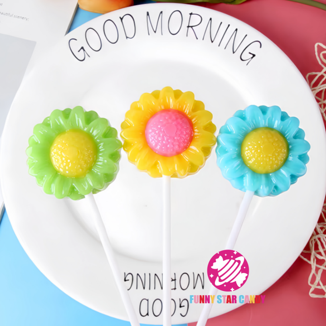 Cartoon Sunflower Shaped Lollypop Factory Custom Blossom Sucette Mixed Color Fruit Flavor Hard Candy Lollipop