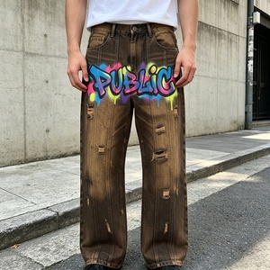 Pantalones Vaqueros Personalizados de Estilo Hip Hop, Lavado Monkey, Dibujo a Mano, Corte Holgado, Estampado Vintage, Desgastados, para Hombre - Product Image 3