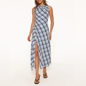 Abito Midi da <span class=keywords><strong>Donna</strong></span> Blu Ghiaccio a Quadri con Collo a Cappuccio, Vita Arricciata e Gonna Fluida a Trapezio - Elegante Vestito Casual da <span class=keywords><strong>Donna</strong></span> - Product Image 1