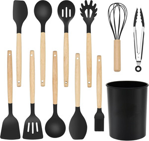 Ensemble de spatules, ustensiles de cuisine, cuisson, silicone antiadhésif résistant à la chaleur, manche en bois, couleur personnalisée, logo personnalisé en stock - Product Image 1