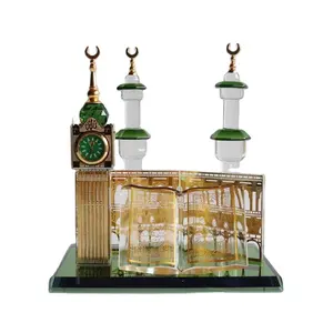 इस्लामी धार्मिक क्रिस्टल उपहार मीनार-ए-मक्का मस्जिद और घड़ी के साथ टॉवर इमारत कुरान रमजान उपहार