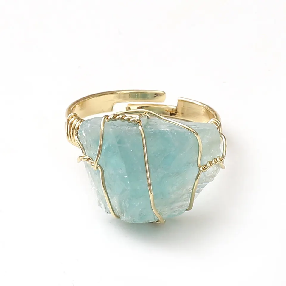 El yapımı sarma doğal taş işlenmemiş taş ametist beyaz kristal aquamarine düzensiz taş parmak yüzük kadınlar için