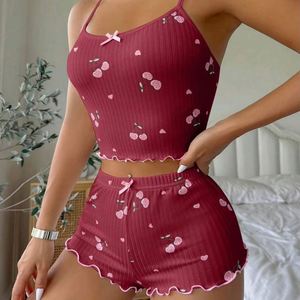 Pijamas Casuales de Verano para Mujer, Cintura Elástica de Satén, Ropa de Dormir, Ropa para el Hogar, Transpirable, Estampado de Corazones, Conjunto de 2 Piezas - Product Image 4