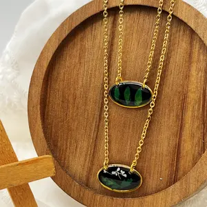 Bohemian Women Handmade Jewelry Elegant Oval Pressed Green Fern Epoxy Resin Gold Stainless Steel Necklace