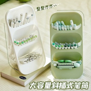 Slanted Pen Holder With Partitions For <b>Desk</b> Organization Study Stationery Storage Box Solid Color Square Design - Product Image 2