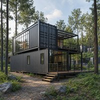 Maison conteneur préfabriquée compacte avec façade moderne, terrasse et aménagement jardiné
