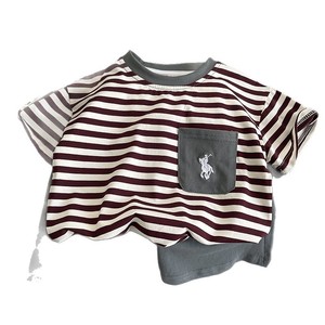 Conjunto de <span class=keywords><strong>Ropa</strong></span> de Verano 2025 para Niños, Informal, de Dos Piezas, con Cuello a Rayas, Manga Corta y Pantalones Cortos, de Algodón, a la Moda - Product Image 5