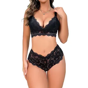 Sexy Mulheres Roupa Interior Conjunto Calcinha Push Up Bras Lace Night Wear Plus Size Preto See-through Lingerie Mulheres Grandes Roupa Interior