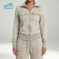 Ensemble de survêtement décontracté pour femme, veste zippée à poches cargo vintage délavées et pantalon large à cordon de serrage, style streetwear
