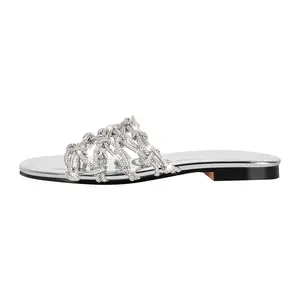 2024 New Design Metallic Rhinestone Braid Round Toe Flats Slippers Sandals Shoes For Women