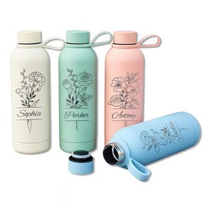 <b>Personalised</b> Birth Flower <b>Water</b> <b>Bottle</b>, Custom Engraved Insulated Tumbler with Handle, Stainless Steel Tumbler for Travel - Product Image 1