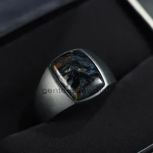 Gentdes gioielli da uomo fede nuziale nera acciaio inossidabile anello Pietersite Band per uomo anello di fidanzamento padre regalo