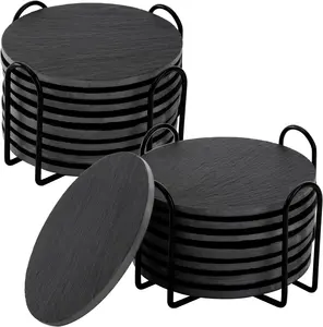 Porta-copos de ardósia para bebidas com suporte de metal, porta-copos de pedra preto conjunto de porta-copos de ardósia decorado para casa, escritório, cozinha, apartamento, bar