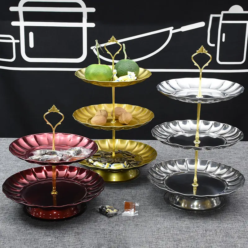 Weeding party low price two/three layer fruit serving tray stainless steel cake stand set round decorate plate