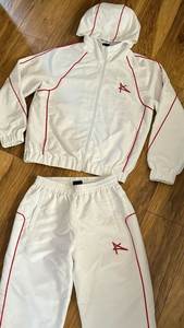 Clothing Manufacturer Custom Nylon Windbreaker Retro Y2K Sporty Red Piping Paneled Full <b>Zip</b> <b>Hooded</b> White Men's Tracksuit Set - Product Image 3