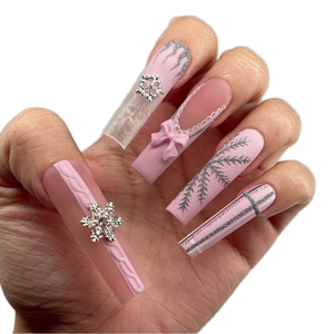 Ongles à presser français en ABS, style pipe à eau carrée extra-longue, rose doux, nœud 3D, flocon de neige de Noël, 24 pièces, personnalisation en gros - Product Image 1