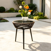 Table d'appoint ronde en corde tressée avec plateau en verre trempé noir, table d'extérieur pour patio, table de jardin, table de balcon, table basse avec pieds en acier