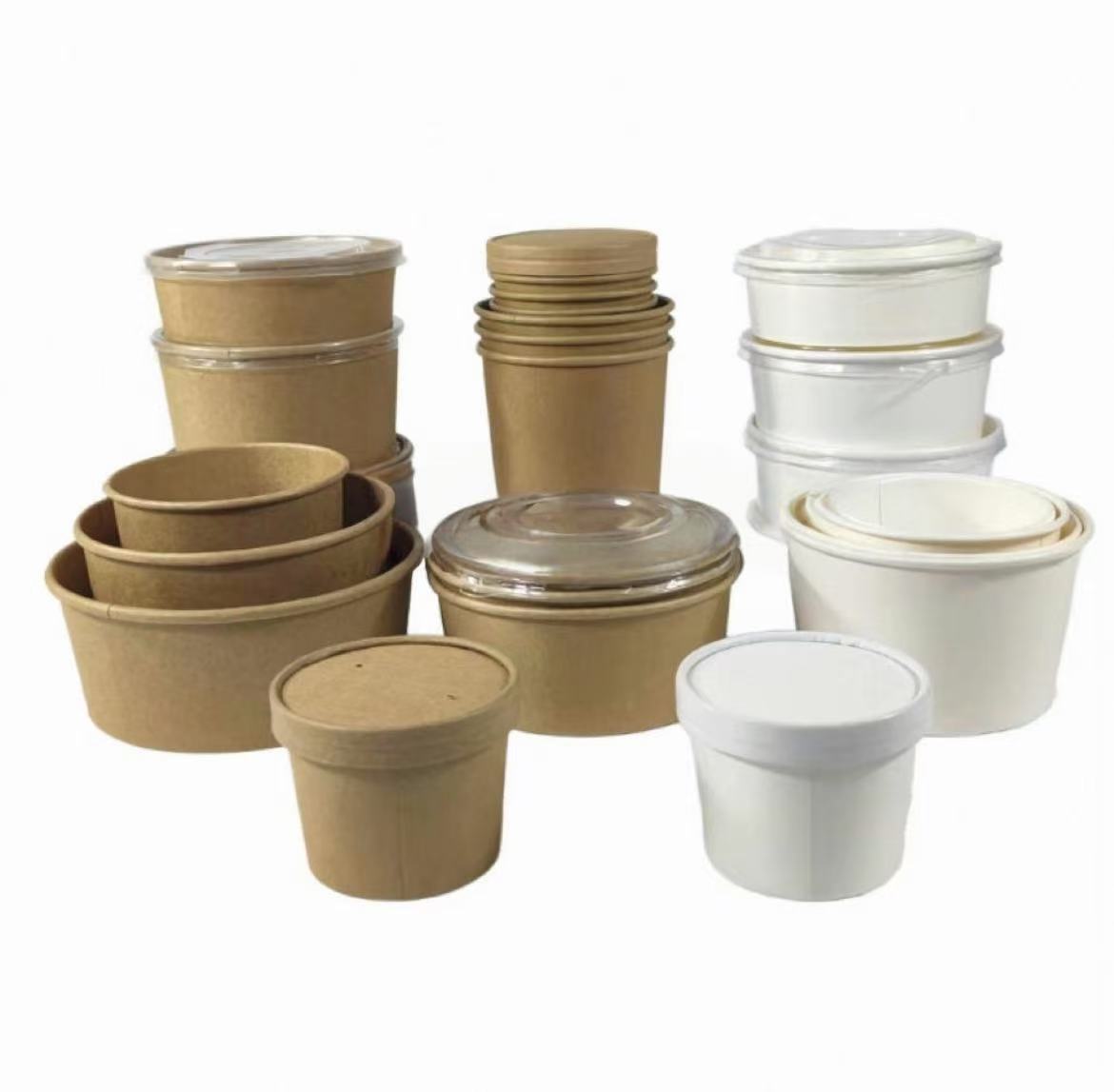 Custom Disposable Single Wall Biodegradable Kraft Paper White Soup Bowl & Lid With Recycled Materials For Takeout Food Packaging