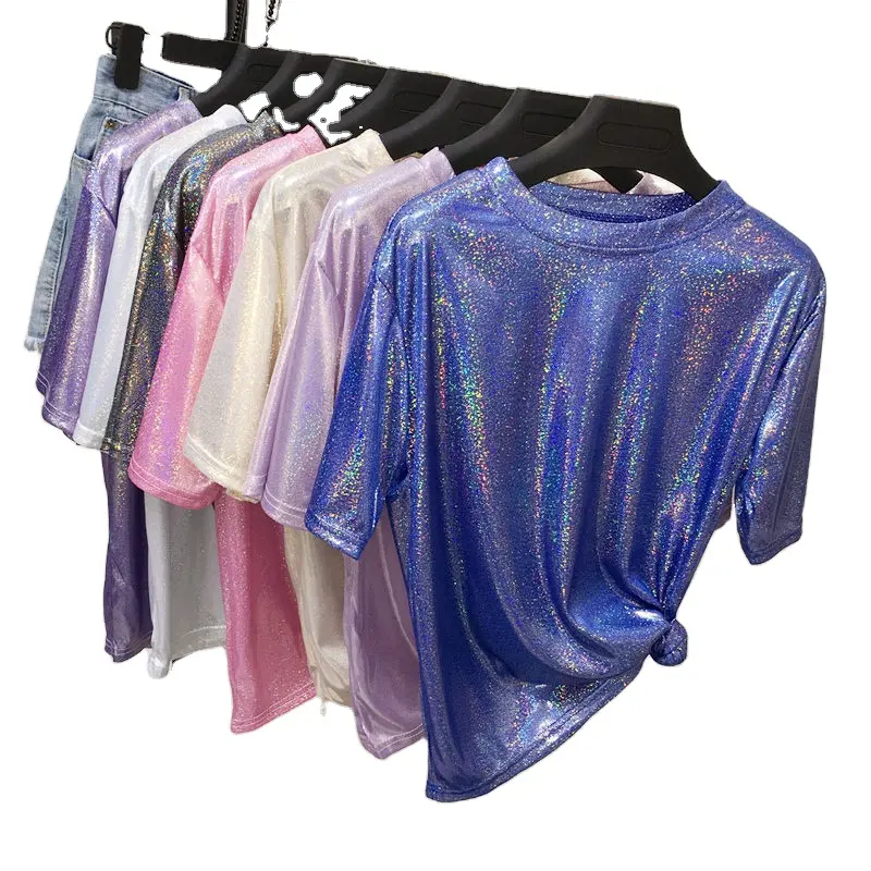 W5520 Großhandel Günstige Atmungsaktive Mode Glänzend Sexy Kurzarm Crop Top Shirts Funkelnde Reflektierende Frauen Club T-Shirt