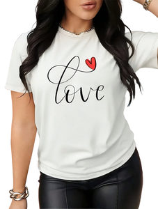 T-shirt da donna per San Valentino, girocollo, manica corta, stampa a mano con scritta Love, top casual in cotone traspirante, per primavera ed estate - Product Image 1
