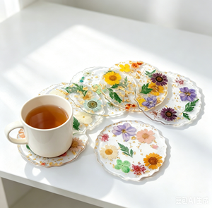Sous-verre artisanal avec fleurs pressées réelles, en résine époxy transparente, dessous de tasse floral résistant à la chaleur, décoration esthétique pour la maison - Product Image 2