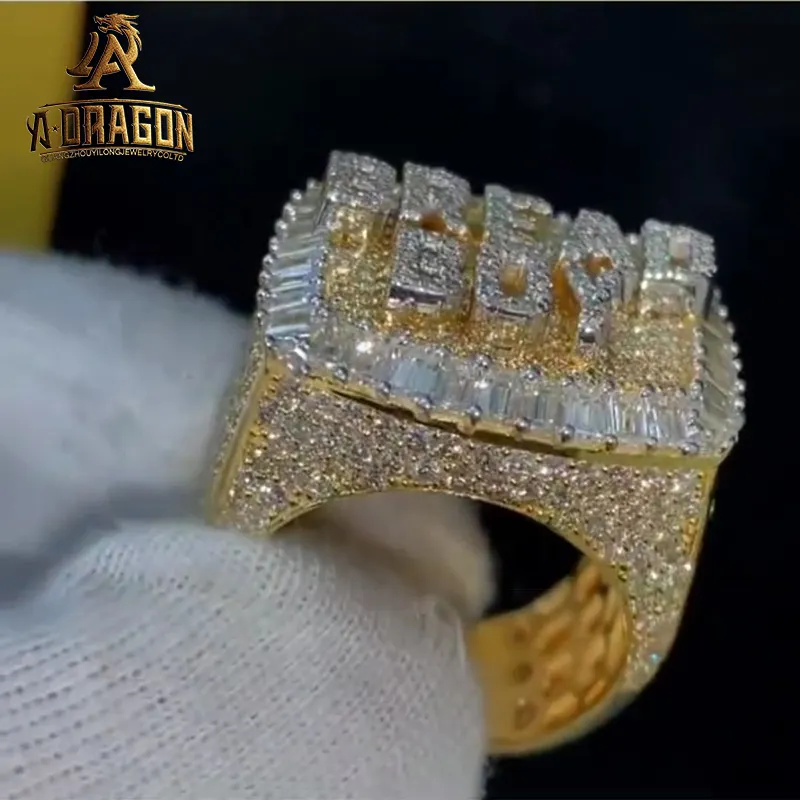 Custom Design VVS Moissanite Money Logo Hip Hop Star Ring Karat 10K 14k Real Solid Gold Pass Diamond Tester Fine Jewelry