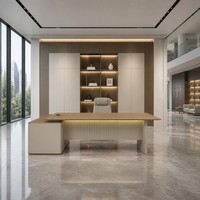 Table de bureau d'angle moderne avec pieds en acier courbés, MDF E1 thermoformé, barre lumineuse LED, mobilier de bureau pour cadre dirigeant