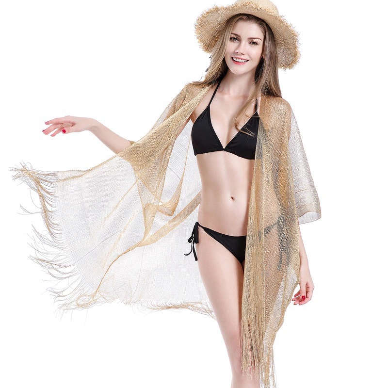 Mới Nhất Vàng Slik Lấp Lánh Kimono Áo Tắm Bìa UPS Kim Loại Sáng Bóng Bãi Biển Bikini Bìa Up Cho Mùa Hè Kỳ Nghỉ