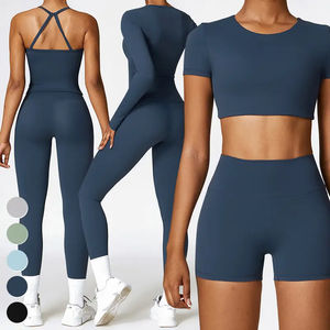 Ensemble de yoga pour femmes 5 pièces : Leggings longs, haut à manches longues, respirant, en Spandex et Nylon, tenue de sport taille haute pour l'entraînement - Product Image 3