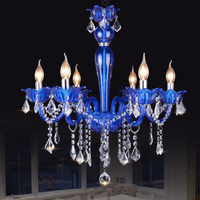 Lampu Kristal Maria Teresa Gaya Eropa untuk Ruang Tamu Kamar Tidur, Lampu Gantung Kaca Modern Biru dengan Tempat Lilin LED yang Dapat Diredupkan