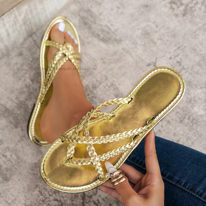 Factory Wholesale Women's Set <b>Toe</b> Flat Slippers Summer Woven Solid Color Fashion Comfortable Women - Product Image 1