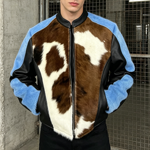 Blouson en <span class=keywords><strong>cuir</strong></span> imprimé vachette vintage personnalisé de qualité supérieure, style motard, avec blocs de couleur, patchwork et fausse fourrure, type bomber streetwear - Product Image 1