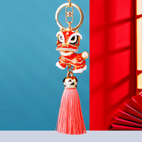 Porte-clés en métal style chinois Danse du Lion avec pendentif anneau incrusté de diamants, accessoire de sac unisexe, cadeau