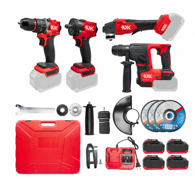 Customizable OEM Red Cordless 21V Variable Speed Lithium Brushless Motor Power Angle Grinder & Impact Wrench Kit Battery