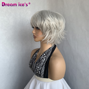 Perruque courte en cheveux synthétiques ondulés lisses gris clair blond, <span class=keywords><strong>coupe</strong></span> pixie, sans <span class=keywords><strong>frange</strong></span>, sans dentelle, pour femmes, en couches, résistante à la chaleur - Product Image 4