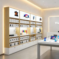 Grand présentoir mural pour accessoires de téléphone portable, cadre en bois grainé, vitrine avec éclairage LED et tiroirs de rangement verrouillables