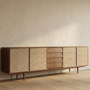 Cómoda Minimalista de Madera Maciza de Teca Elmar con Puertas de Panel Tejido y Cajones Centrales para Dormitorio, Sala de Estar o Almacenamiento - Product Image 3