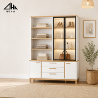 Armoire de rangement combinée blanc et chêne avec portes vitrées, tiroirs et étagères ouvertes pour chambre à coucher, en kit