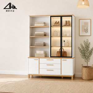 <span class=keywords><strong>Armoire</strong></span> de rangement combinée blanc et chêne avec portes vitrées, tiroirs et étagères ouvertes pour chambre à coucher, en kit - Product Image 2