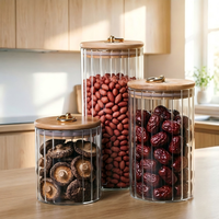 Pot en verre borosilicate rayé avec couvercle à anneau en cuivre et bouchon en bois pour café, graines de melon, noix, écorces de mandarine, feuilles de thé, colle de poisson