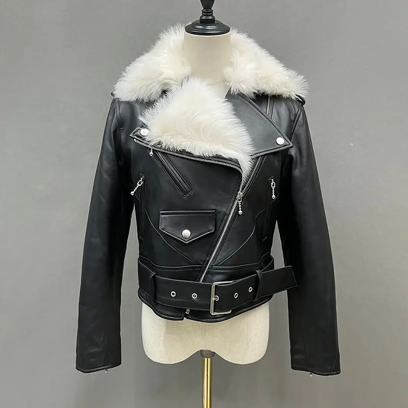 Winter Warm Tuscany Wool Collar Leather Coat Women Genuine Sheepskin Leather Jackets with Fur