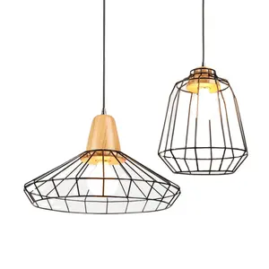 Modern Pendant Lights Kitchen Industrial chandeliers light Loft E27 Edison Black Iron Cage Solid wood Indoor Hang Lamp Lighting