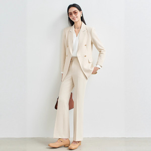 Women's Suit Set Beige Double Breasted Blazer Flared Pants Full Sleeve Notched Collar Casual Winter 2025 - Product Image 1