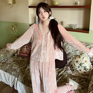 Meryjia Winter Two Pieces Vintage Velvet Pijamas <span class=keywords><strong>Mujer</strong></span> Soft Luxury Long Sleeves Pijamas - Product Image 2