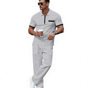 Ensemble pantalon et polo sport gris pour homme, tenue d'hiver respirante en coton biologique 100% tricoté, imprimé, deux pièces, séchage rapide - Product Image 2